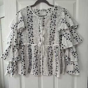 Lumie Women's 100%Cotton Embroidered Tiered Sleeve Top Size Medium